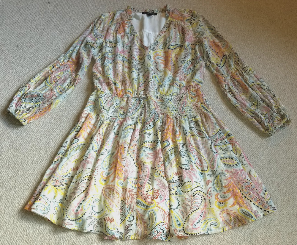 Womens Dress-BOSTON PROPER-beige/pink chiffon 'Paisley Print Smocked Peasant'-S